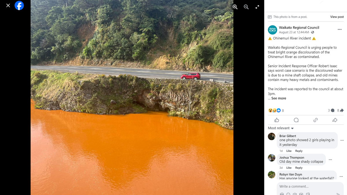 The Ohinemuri River turned “bright orange” on Aug. 23, photos show. Officials identified source of the discoloration as an old mine.