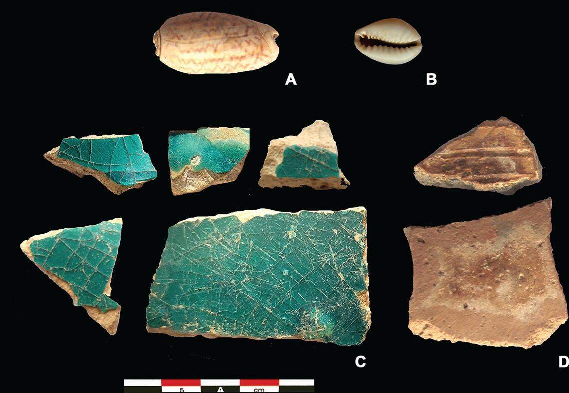 Some pottery fragments and shells found inside a cairn.