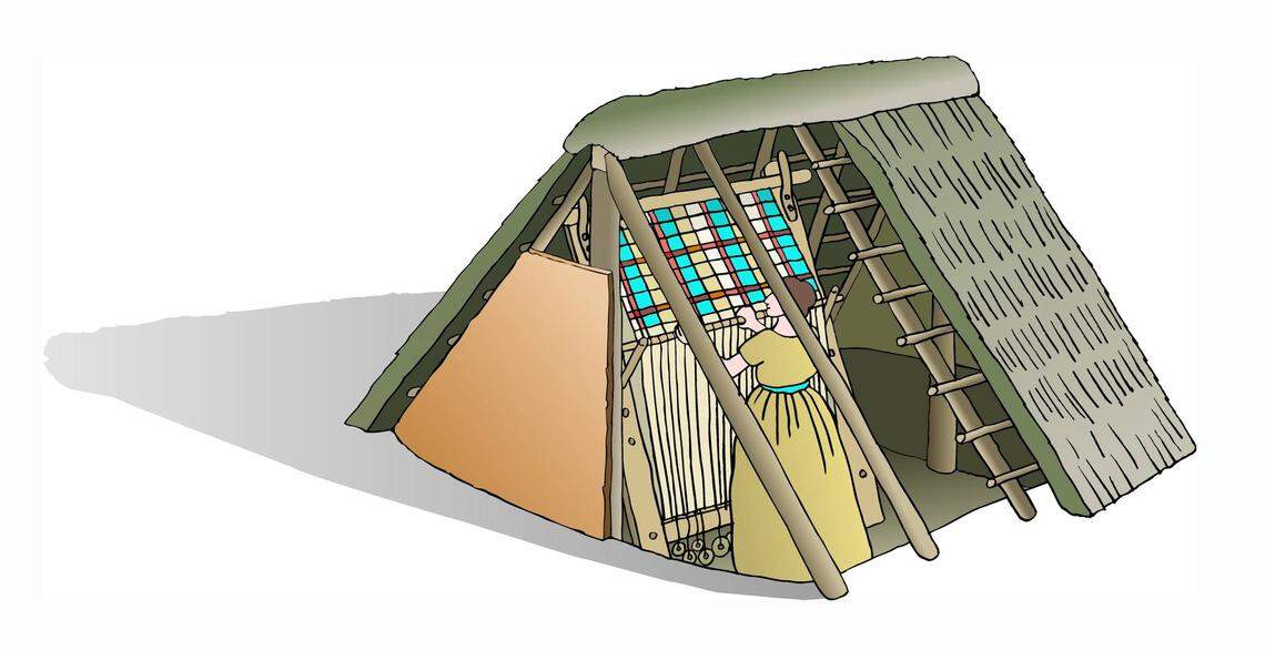 A reconstruction shows what the ancient workshop and loom might have looked like. The loom weights are visible near the bottom of the loom.