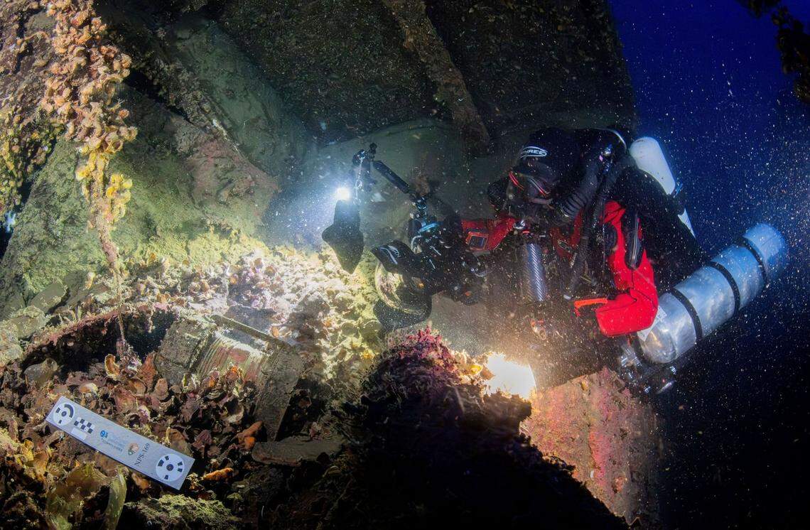 A scuba diver works on recovering items from the HMHS Britannic.