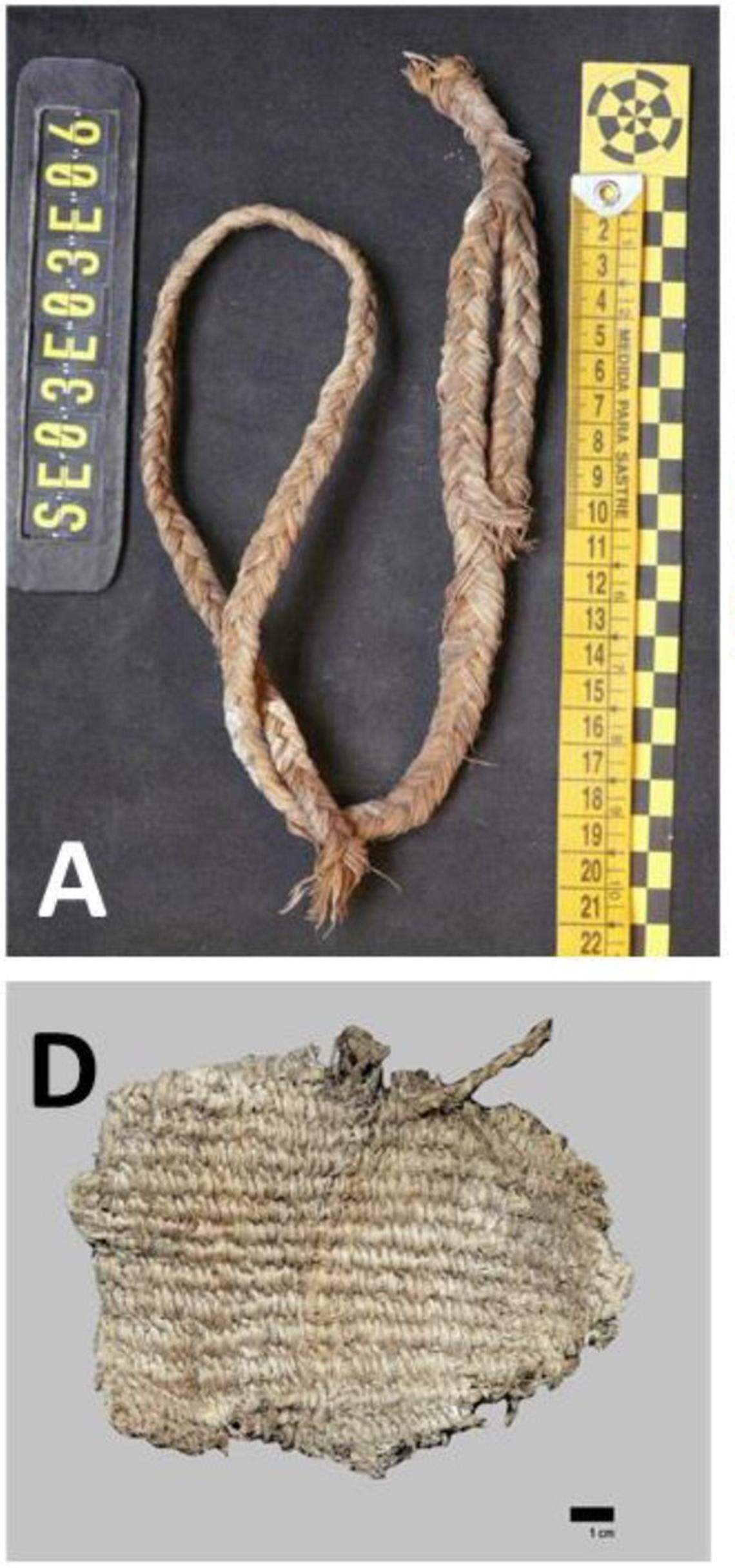 A grass slingshot (A) and 150-year-old basket fragment (D) found in bearded vulture nests.