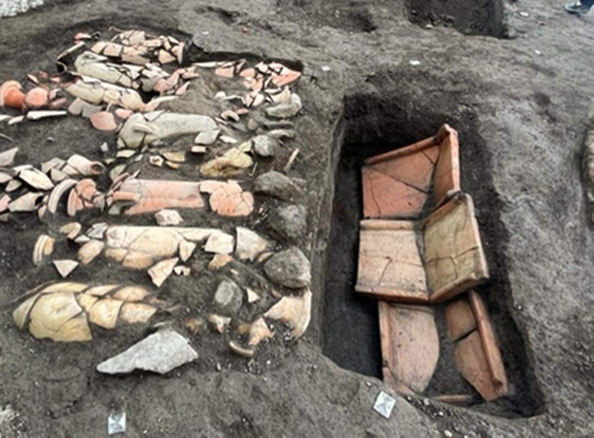 Some of the pottery artifacts found at the train station near Pompeii.