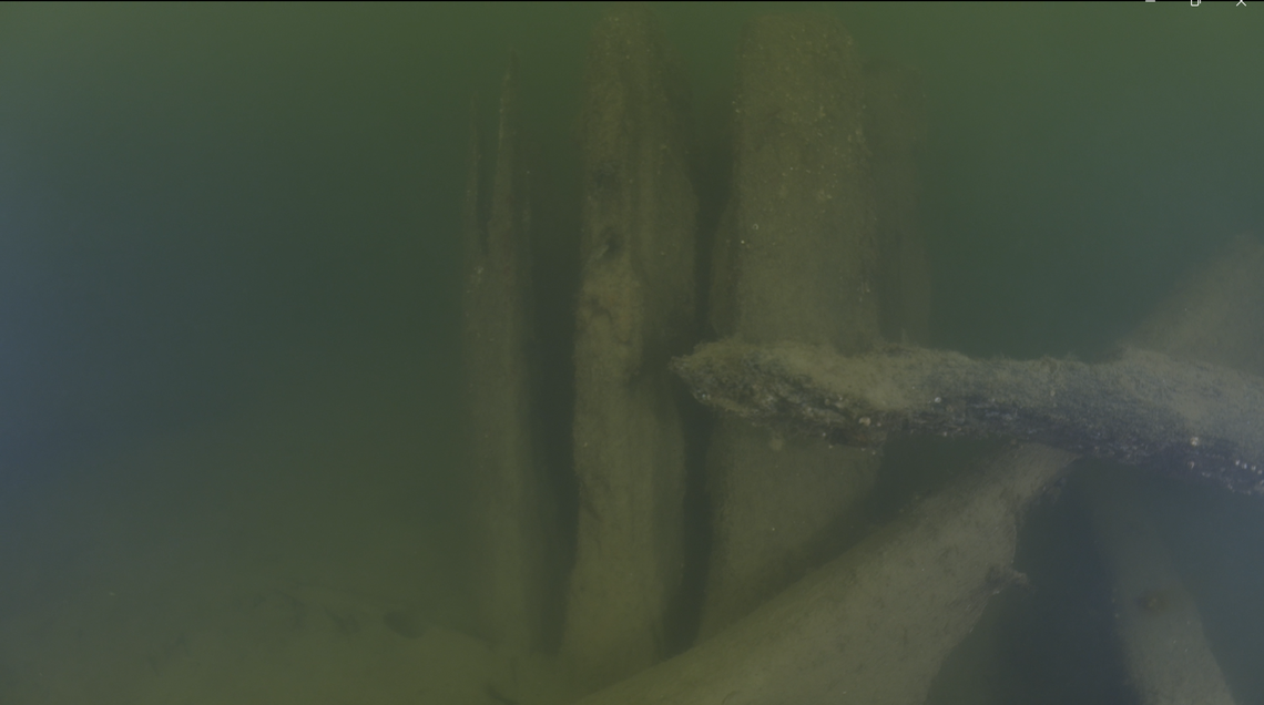 The mast of Vrak 5 (Wreck 5) as seen in the murky water.