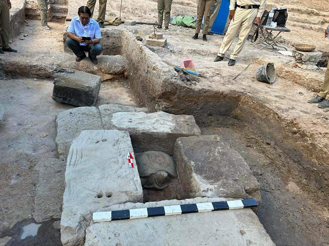 The turle statue before being fully excavated.