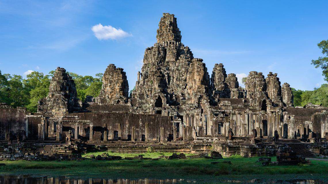 Archaeologists unearthed a “rare” sandstone turtle statue under a dried-up pond near 800-year-old Bayon temple in Cambodia, officials said and photos show.