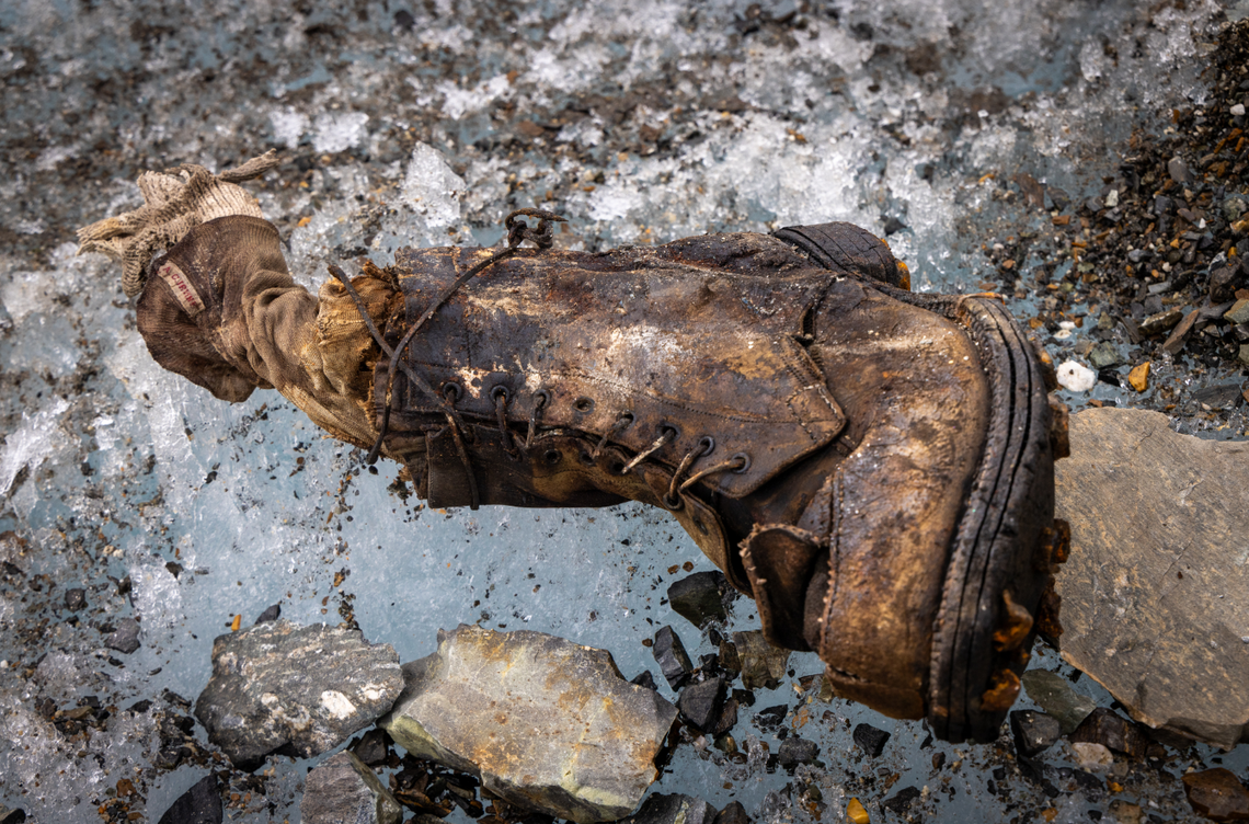 The foot, sock and shoe believed to be the reamins of Andrew “Sandy” Irvine.