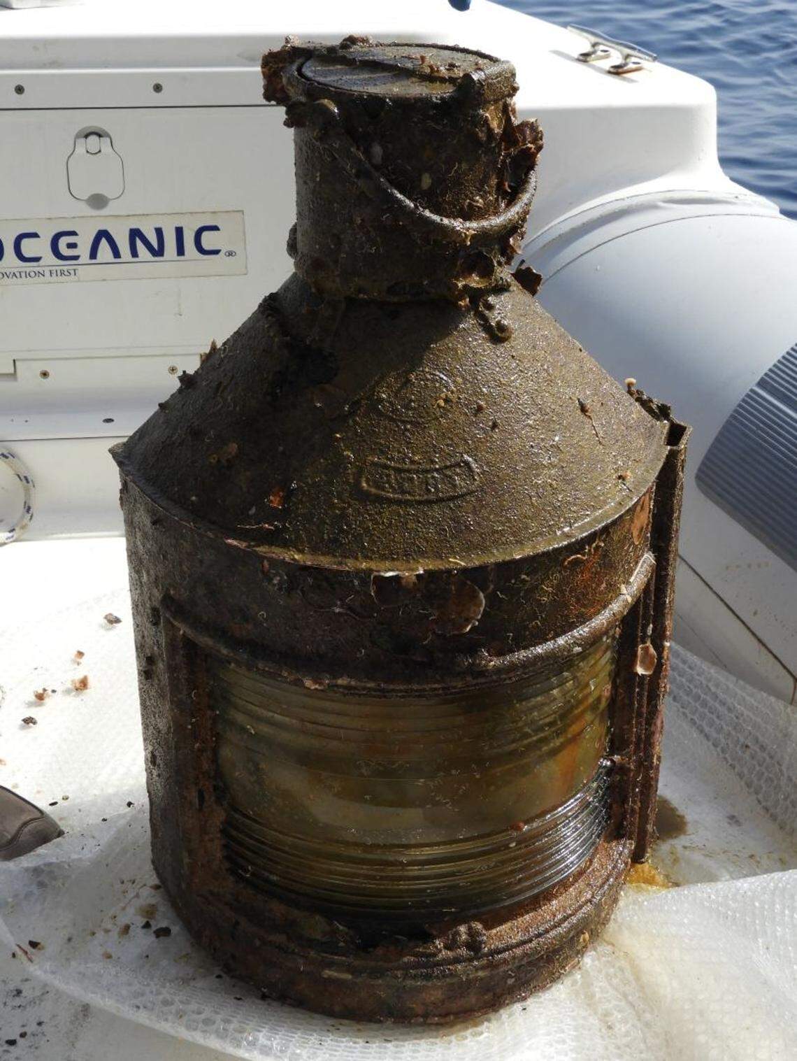 A signal light used on the HMHS Britannic’s port (left) side and recovered by divers.