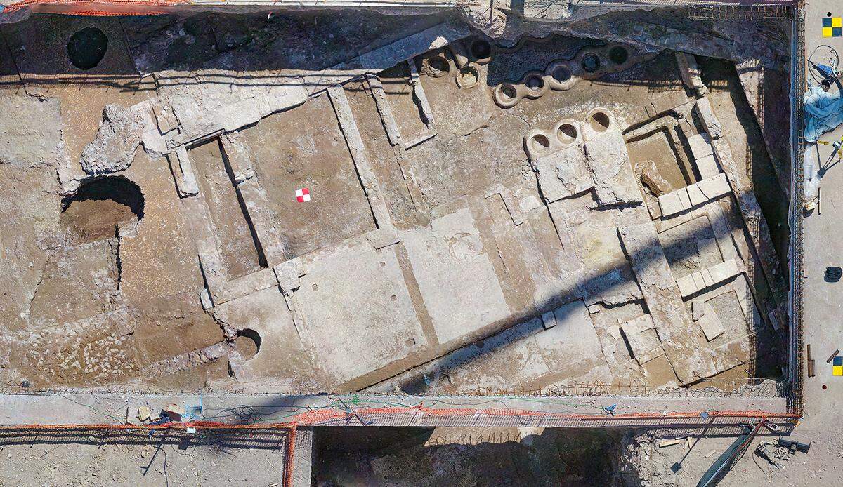 An aerial view shows the 1,700-year-old laundry shop.