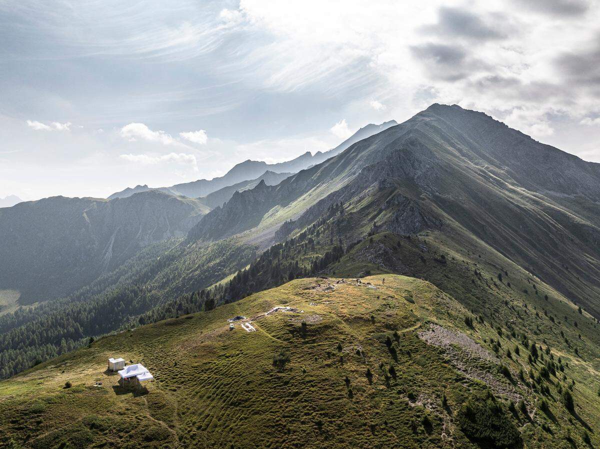 An aerial view of the peaks surrounding the ancient Roman camp.