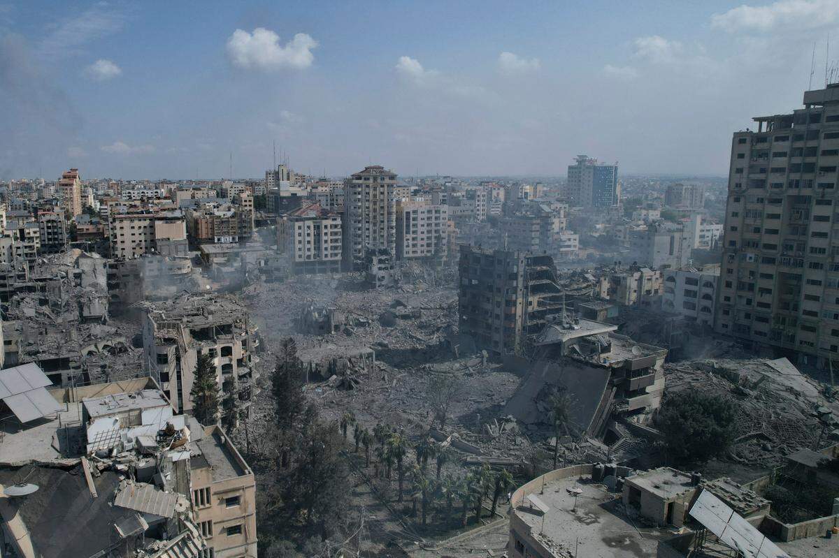 A view of the rubble of buildings hit by an Israeli airstrike in Gaza City on Tuesday, Oct. 10, 2023.