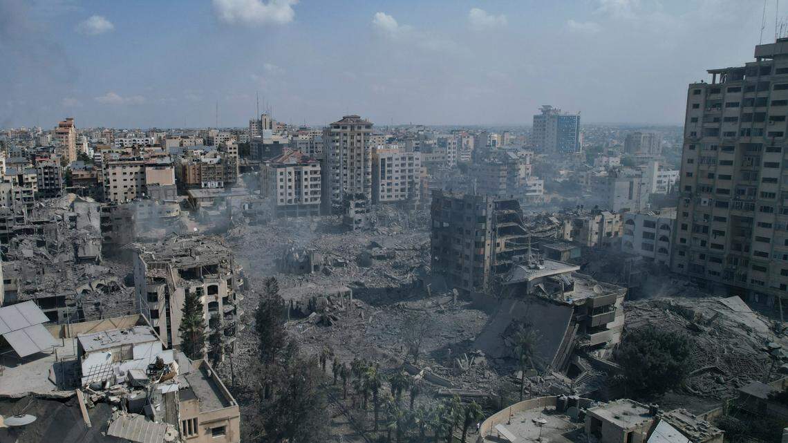 A view of the rubble of buildings hit by an Israeli airstrike in Gaza City on Tuesday, Oct. 10, 2023.