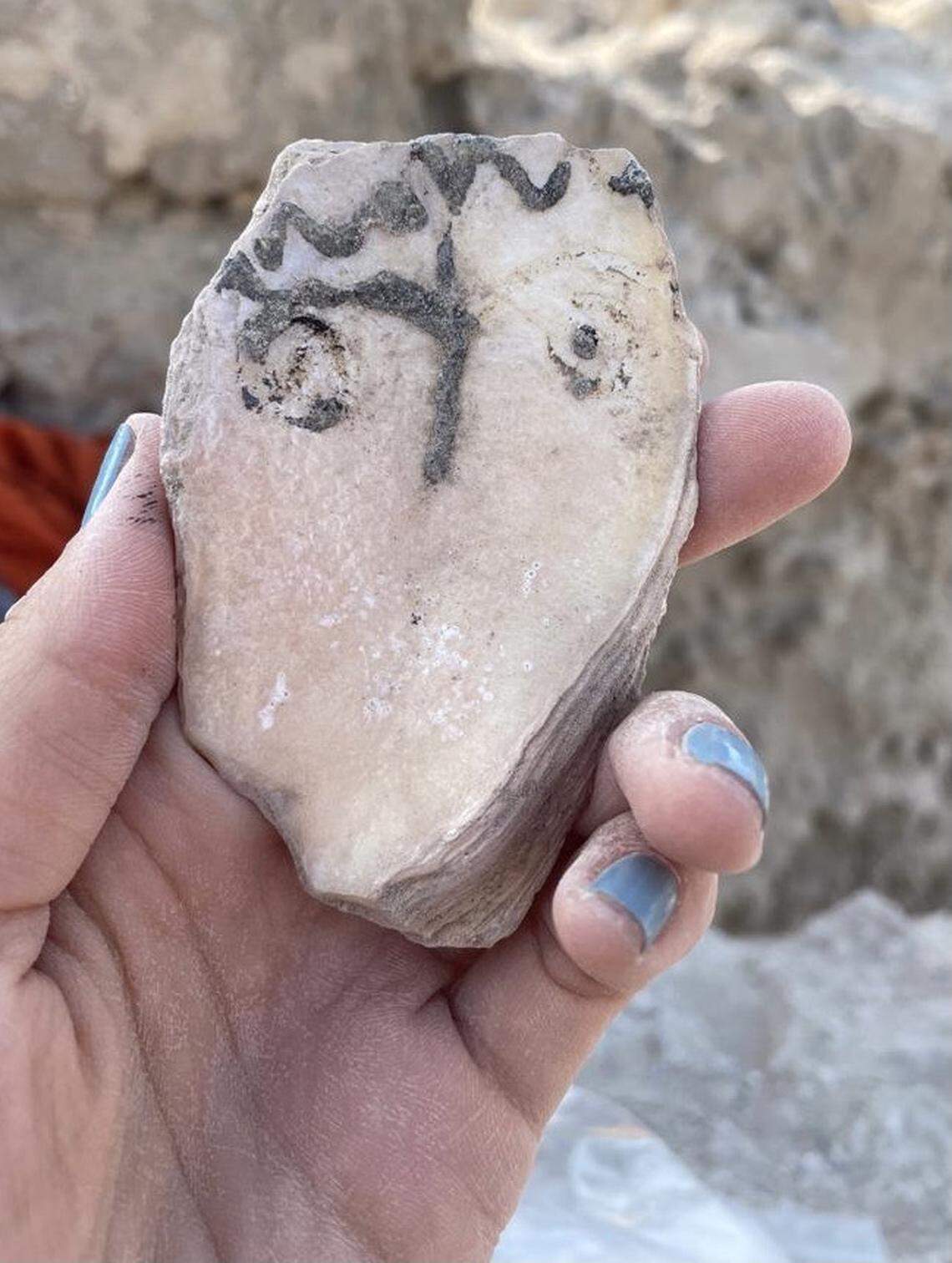 A shell with a face drawn on it found at the ruins in Samahij.