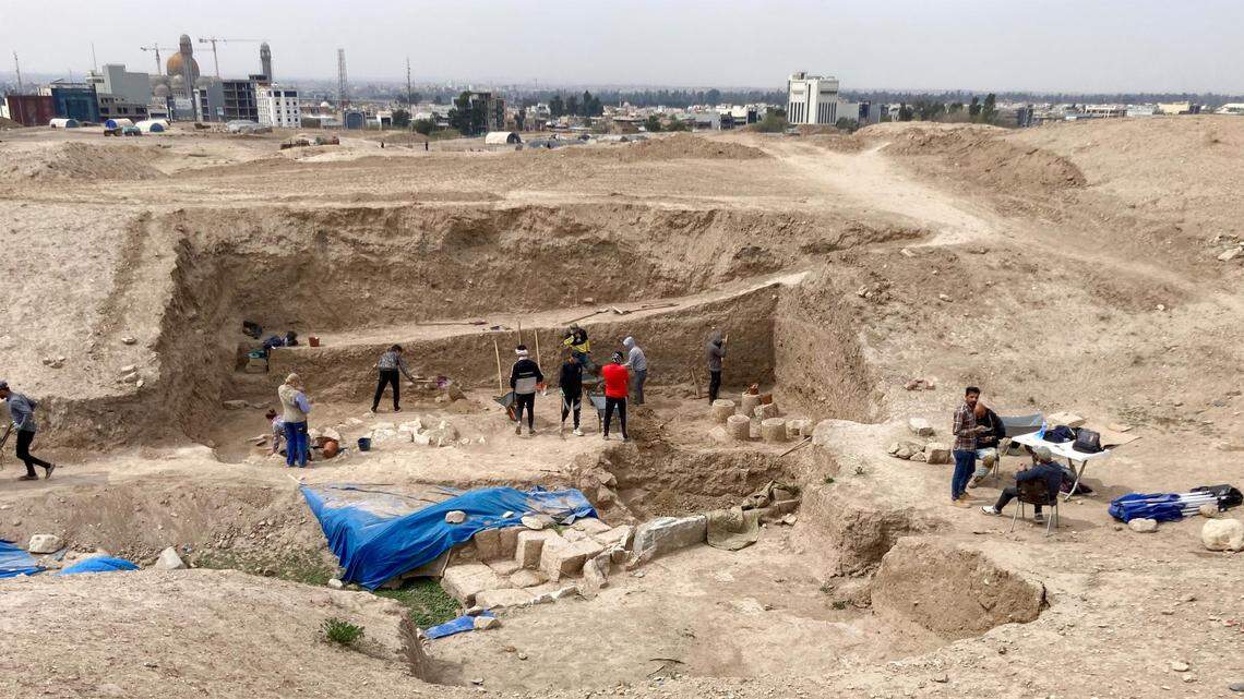 Archaeologists excavating the ruins of an ancient Assyrian king’s throne room in Iraq found a massive 26,000-pound carving, a university said.