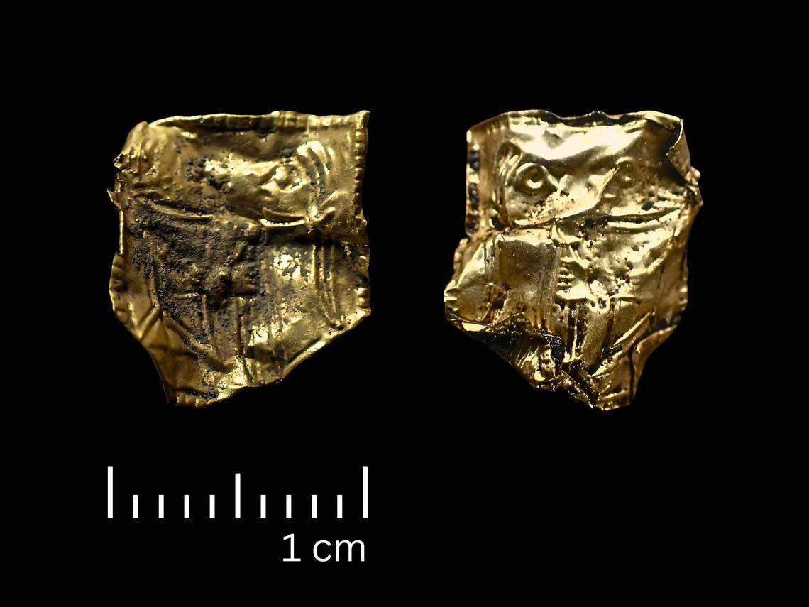 A close-up view of the front and back of the 1,200-year-old gold artifact.