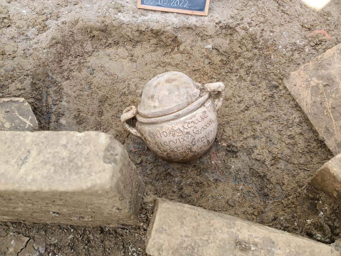 A marble urn found at the ancient Roman settlement.