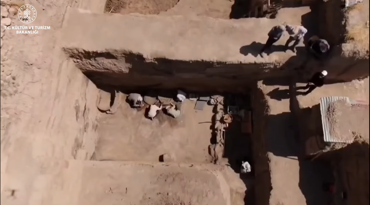 An aerial view of archaeologists excavating the ancient Urartian temple.