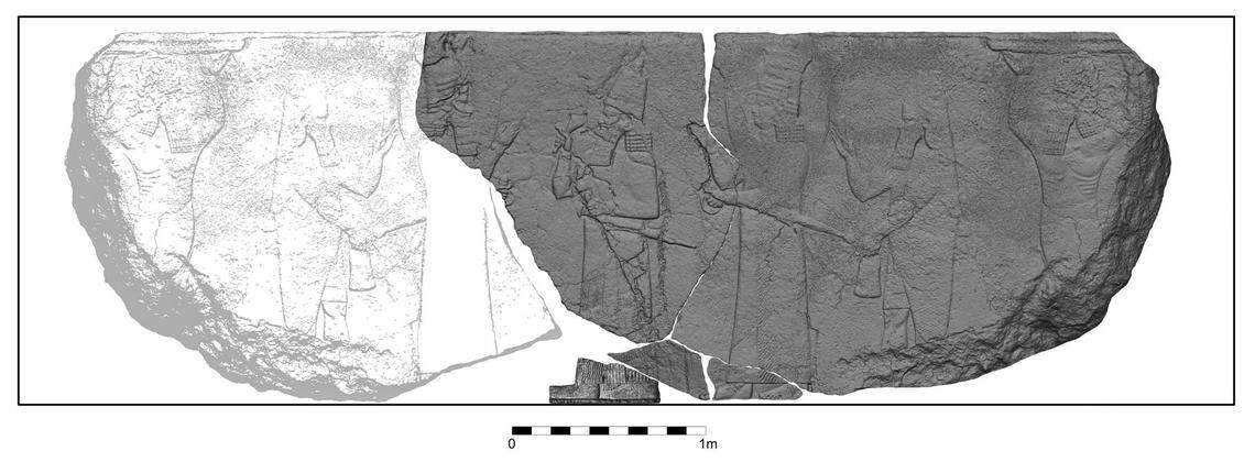 A scan shows the carvings found at Nineveh (right, dark gray) and a reconstruction of what the missing section might look like (left, light gray).