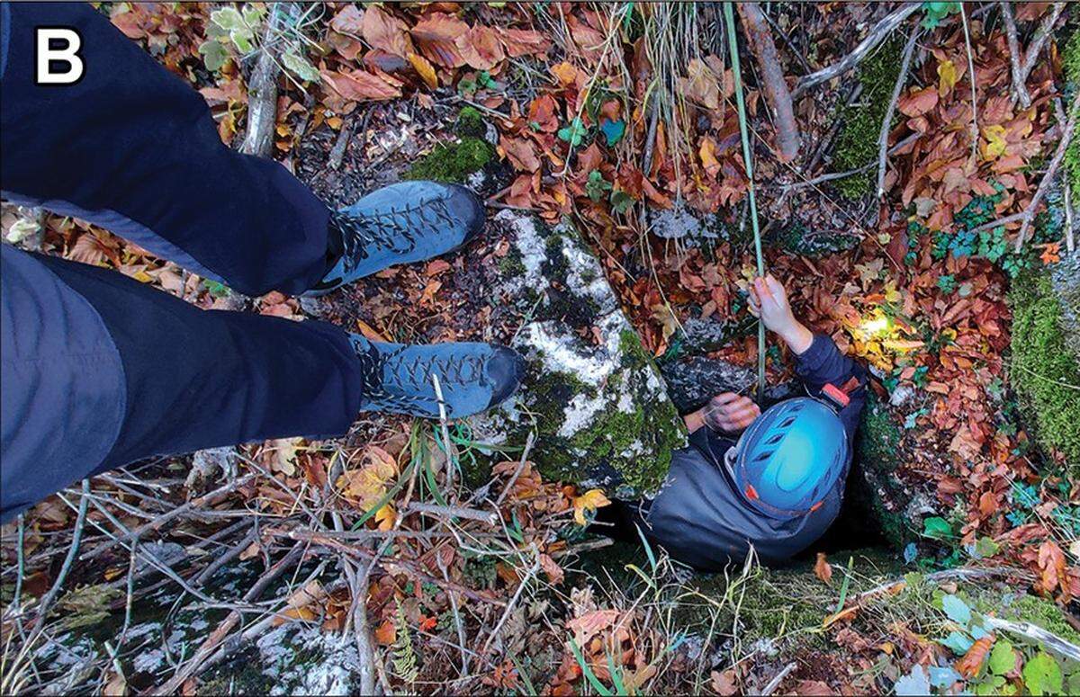 A researcher being lowered into the pit where Vitrea virgo, or the Mt. Devica crystal snail, was found.