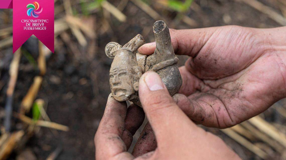 A close-up view of the ancient Olmec carving found in Coscomatepec.