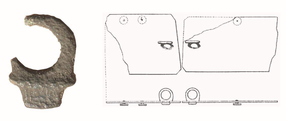 A section of military harness found at the site and a diagram showing how it was used.