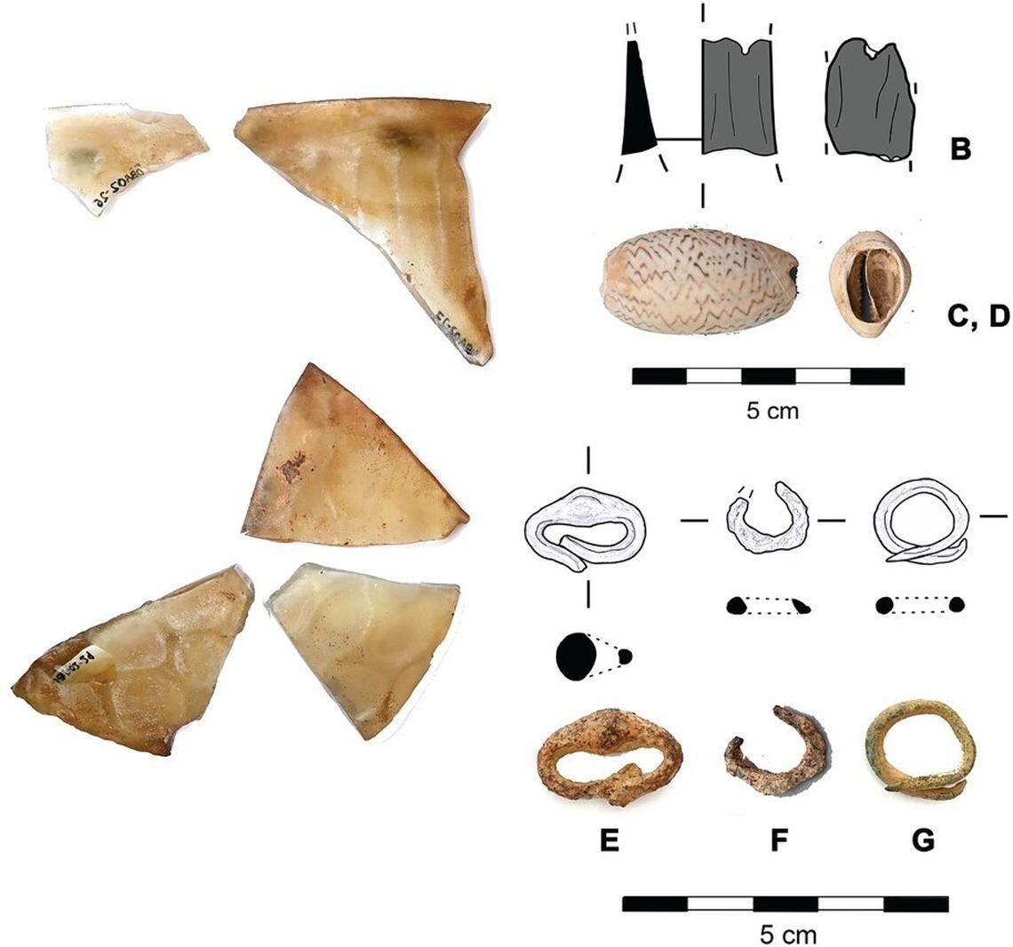 Fragments of a honeycomb pot, metal rings and shells found inside a cairn.