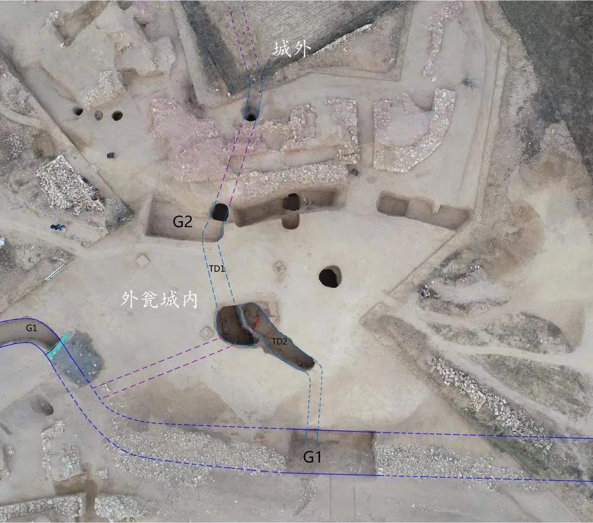 A partial map of the hidden passageways, the blue dotted lines, labeled TD1 and TD2.