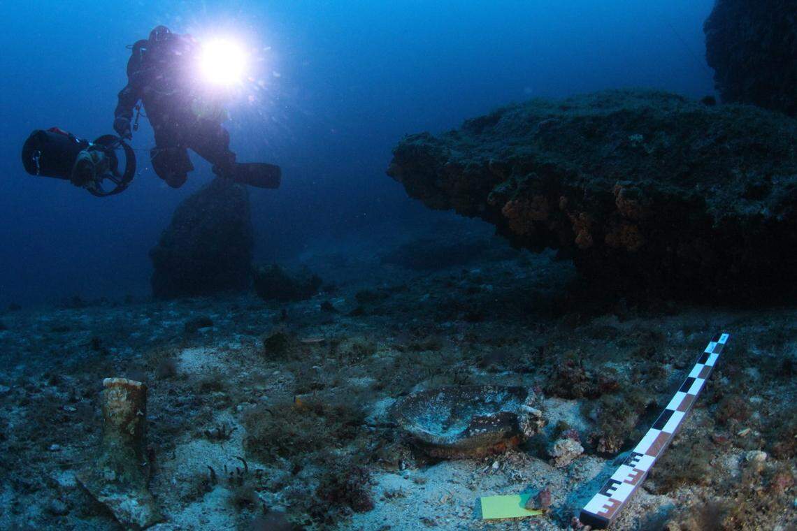 A scuba diving archaeologist seen near the Antikythera shipwreck.