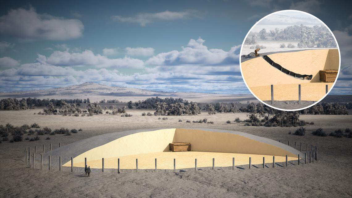 A reconstruction shows what the ancient Celtic mound grave might have looked like. An inset shows a tunnel dug by grave robbers.