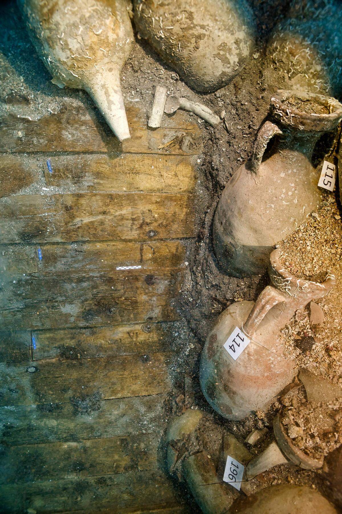 Some of the planks with the Roman numeral markings.