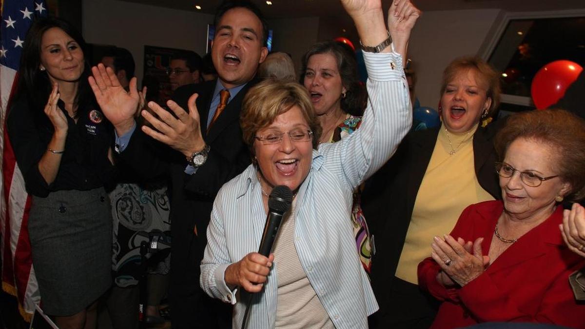 Congresswowman Ileana Ros-Lehtinen celebrates at JJ's American Diner in Coral Gables with her supporters after defeating opponent Annette Taddeo in 2008.