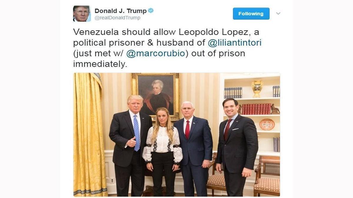 President Donald Trump tweeted a photograph of himself, Vice President Mike Pence and Florida Republican Sen. Marco Rubio in the Oval Office with Lilian Tintori, the wife of jailed Venezuelan opposition leader Leopoldo López.