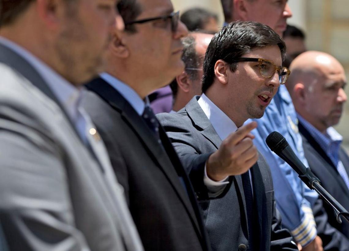 Venezuelan National Assembly Vice President Freddy Guevara speaks to reporters in Caracas on April 2.
