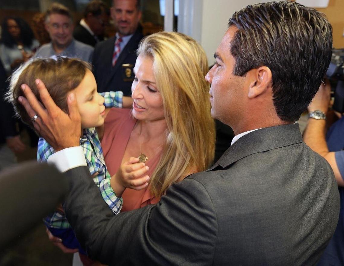 Miami City Commisioner Francis Suarez with his son, Andrew, 3, and his wife Gloria Suarez (right) after he submitted petition signatures on Thursday, August 10, 2017, at the City Clerk’s office at Miami City Hall to qualify for the November ballot as a candidate for Miami Mayor.