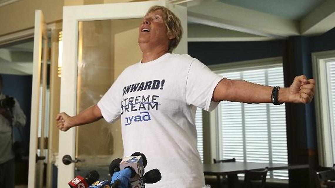 
Diana Nyad exalts in her accomplishment in 2013 after swimming from Cuba to Key West.
