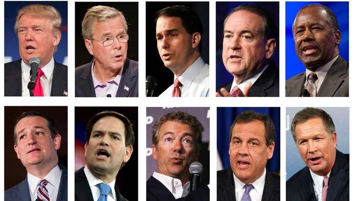 
The lineup for the first GOP presidential debate will be, top from left, are: Donald Trump, Jeb Bush, Scott Walker, Mike Huckabee and Ben Carson. Bottom, from left, are: Ted Cruz, Marco Rubio, Rand Paul, Chris Christie and John Kasich. 
