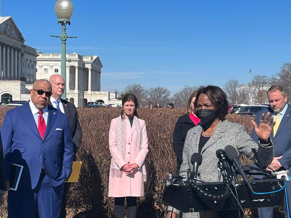 Florida Democratic Rep. Val Demings, a candidate for Senate, leads an event outside the U.S. Capitol on Feb. 9 to promote legislation to provide new federal grants to police departments.