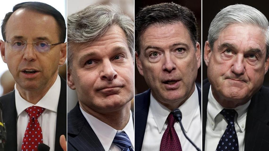 Some of the key figures in law enforcement that supporters of President Trump say are part of a “Deep State” conspiracy: Deputy Attorney General Rod Rosenstein, FBI Director Christopher Wray, former FBI Director James Comey and special counsel Robert Mueller.