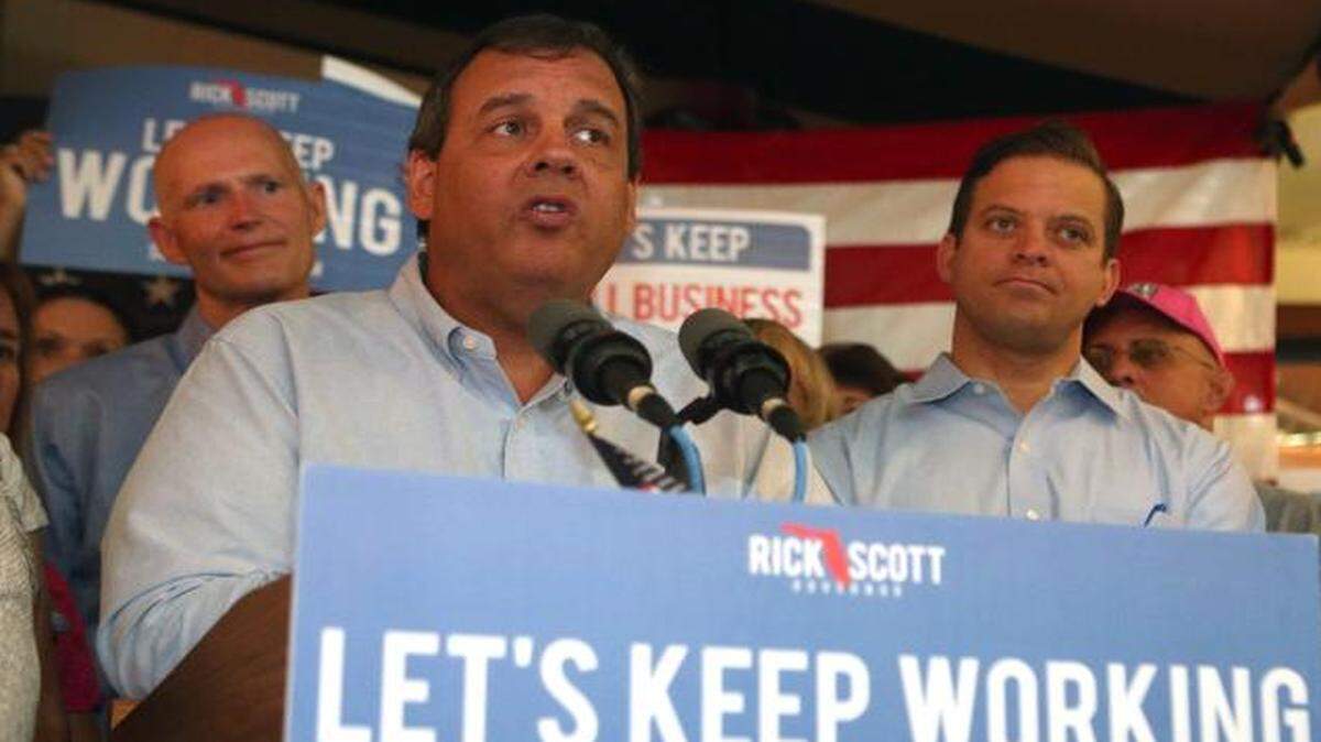 
New Jersey Gov. Chris Christie speaks at a support rally for Florida Gov. Rick Scott on Friday, Sept. 12 in Panama City Beach, Fla. Christie is helping Scott campaign in his tight race with Republican-turned-Democrat former Gov. Charlie Crist.
