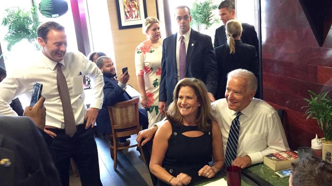 Vice President Joe Biden campaigns with Democratic U.S. Senate candidate Patrick Murphy at an Orlando restaurant in mid-May. Biden is returning to Florida to attend a fundraiser for Murphy in Tallahassee on Friday.