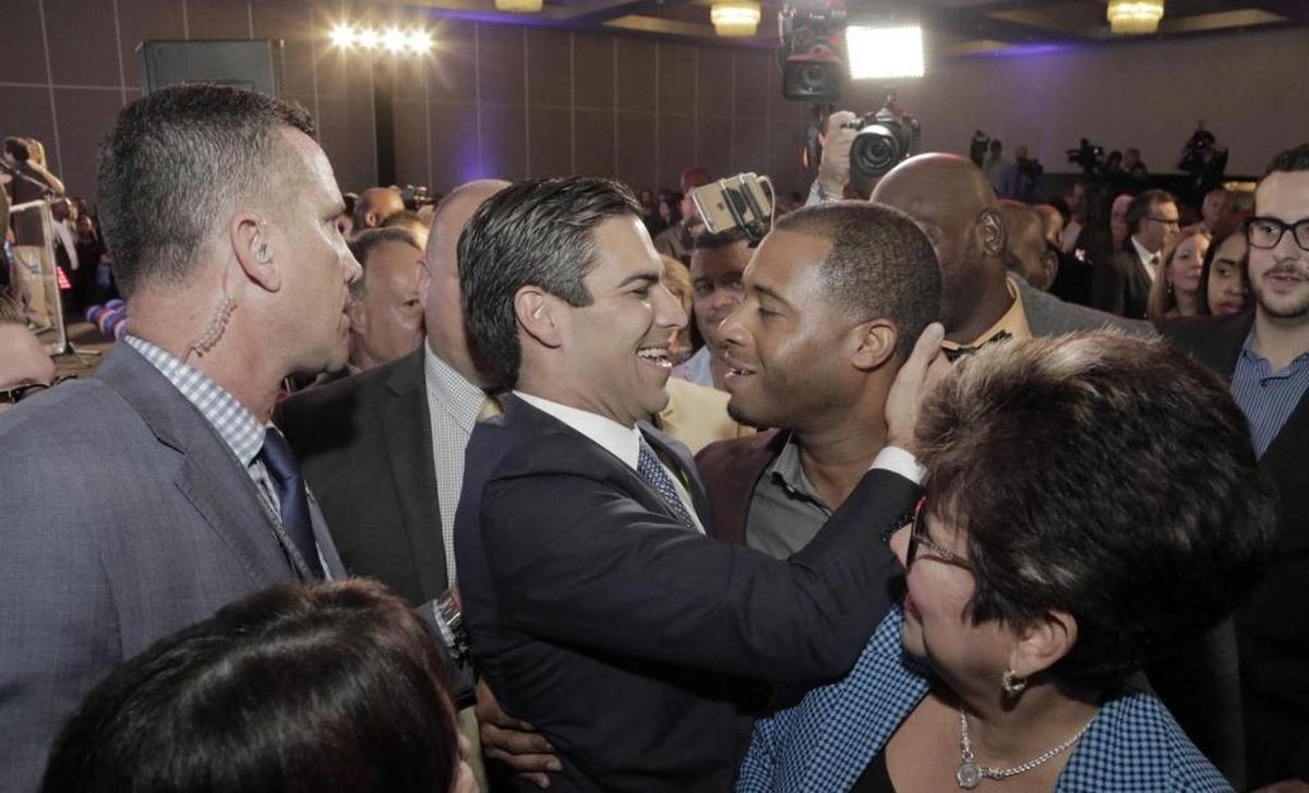 Francis Suarez is greeted by supporters at the victory party in the Omni Hilton in Miami.