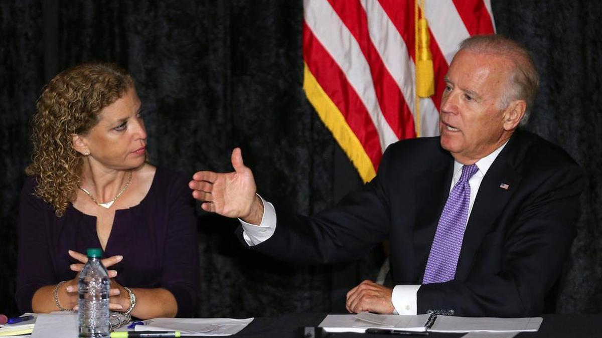 
U.S. Congresswoman Debbie Wasserman Schultz sits with Vice President Joe Biden during a meeting with Jewish community leaders at David Posnack Jewish Community Center a on Thursday, September 3, 2015 in Davie.
