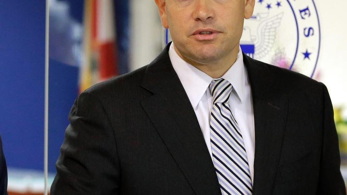 Sen. Marco Rubio, R-Fla., speaks during a news conference, Friday, June 3, in Doral about federal funding for Zika virus prevention.