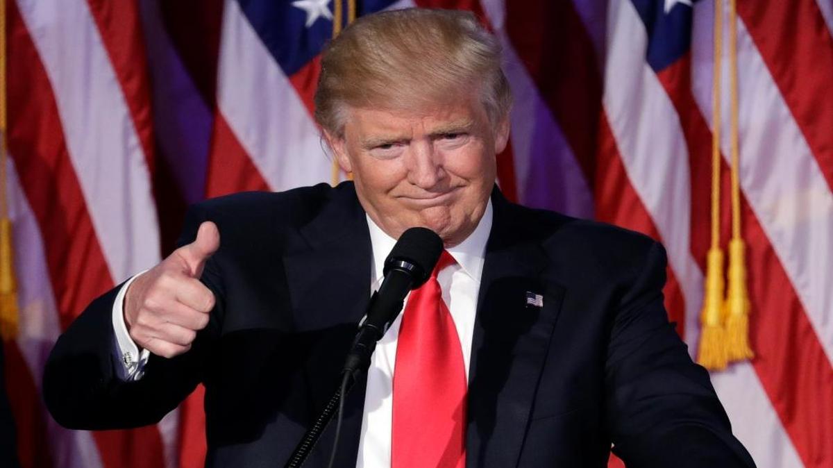 President-elect Donald Trump gives his acceptance speech during his election night rally, Wed., Nov. 9, 2016, in New York.