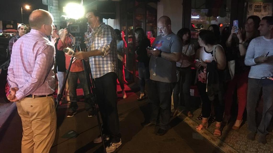 Jose Javier Rodriguez speaks to reporters outside Ball and Chain on Calle Ocho after winning the District 37 state Senate seat, Tuesday, November 8, 2016.
