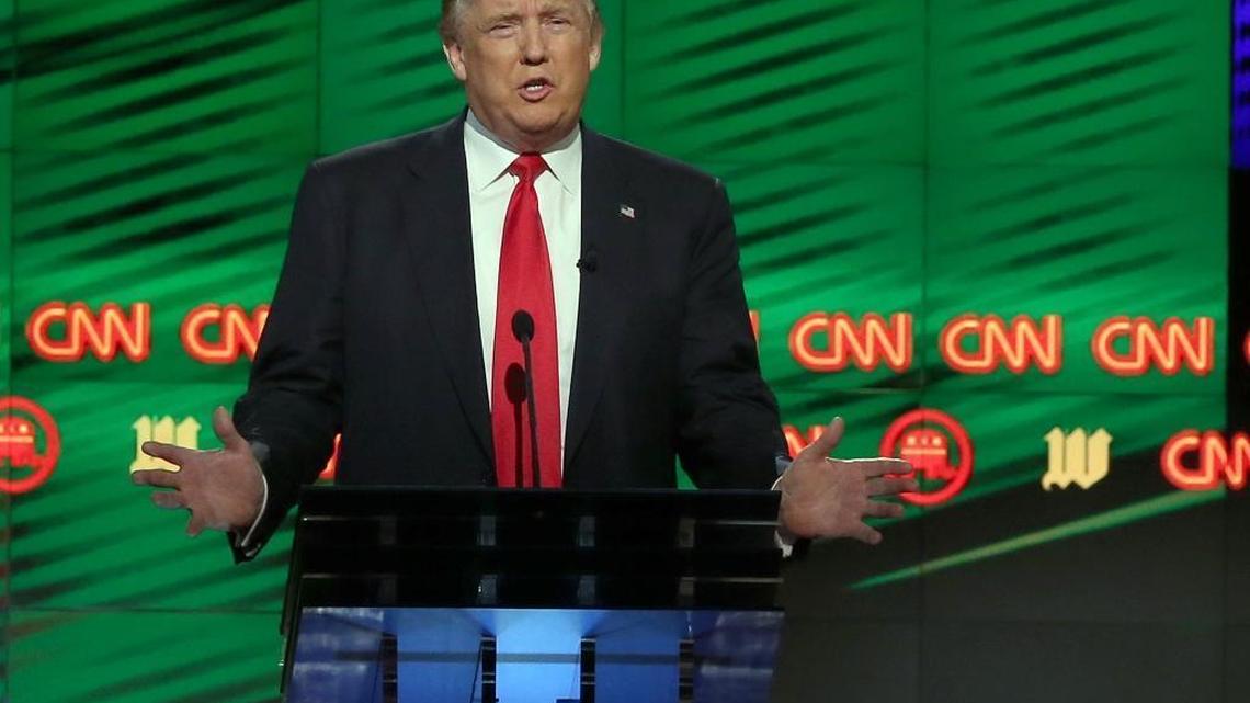 Donald Trump, the celebrity real estate mogul, speaks during a Republican presidential primary debate at the University of Miami Bank United Center, Thursday, March 10, 2016, in Coral Gables.