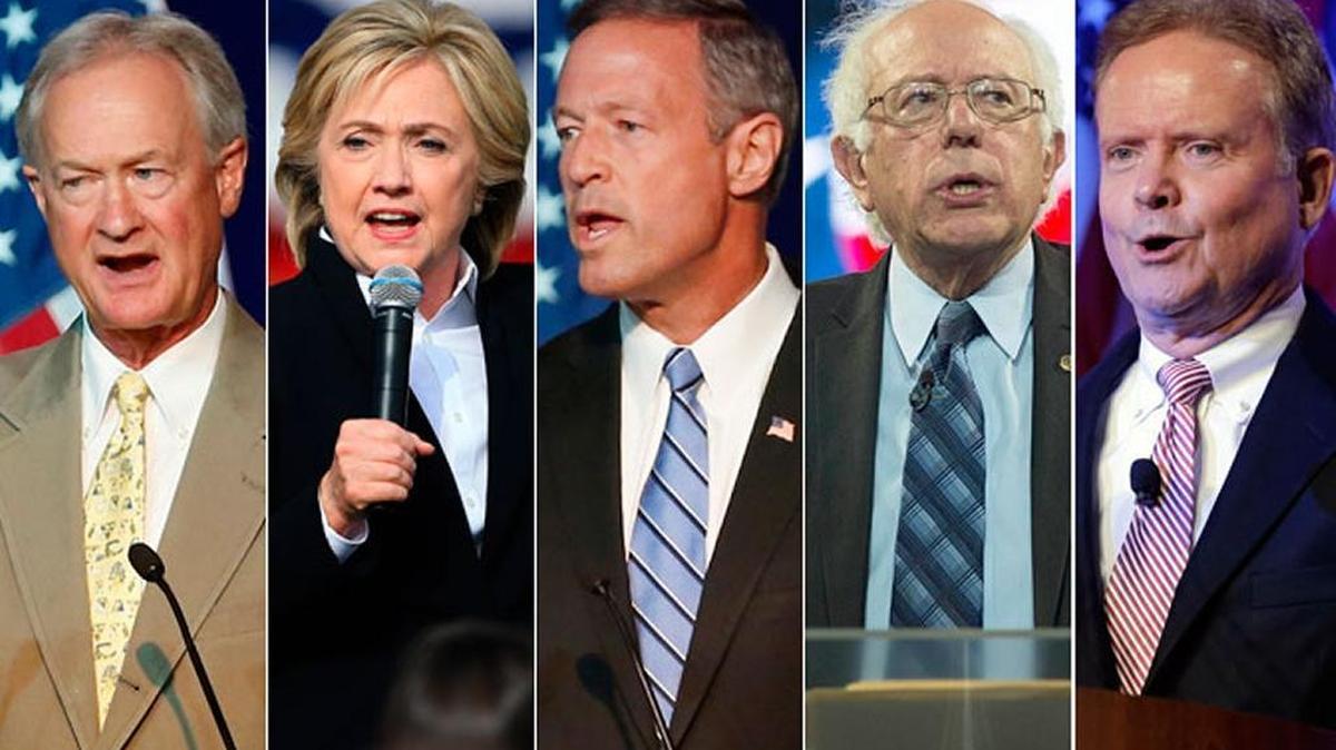 
Democratic presidential candidates Lincoln Chafee, Hillary Clinton, Martin O’Malley, Bernie Sanders and Jim Webb.
