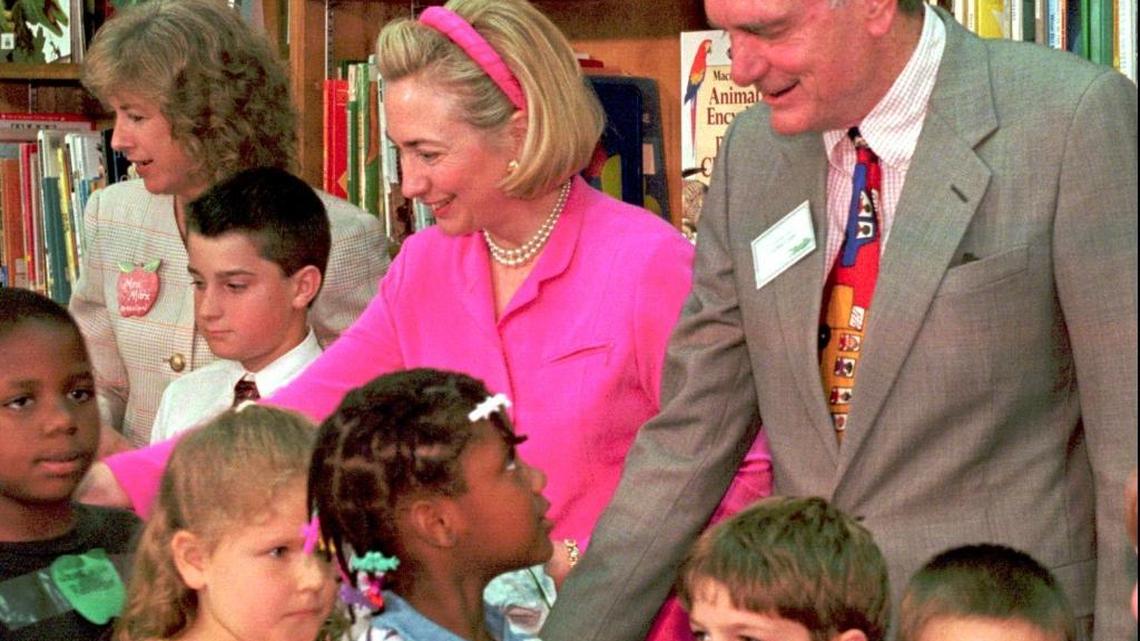 First lady Hillary Rodham Clinton and Gov. Lawton Chiles, right, kick off Florida Children's Week 1997 as they greet children at Kate Sullivan Elementary School to highlight the school's Reading Recovery program Monday, April 7, 1997, in Tallahassee.