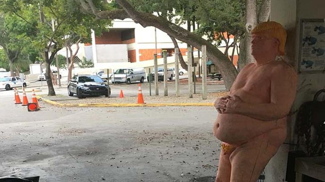 This naked Trump statue was stolen from the roof of a Wynwood gallery on Thursday. It showed up late Friday at Miami police headquarters, missing a few body parts.
