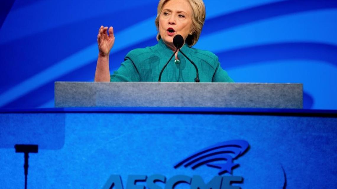 Democratic presidential candidate Hillary Clinton speaks at the American Federation of State, County and Municipal Employees 42nd International Convention at the Las Vegas Convention Center on Tuesday.