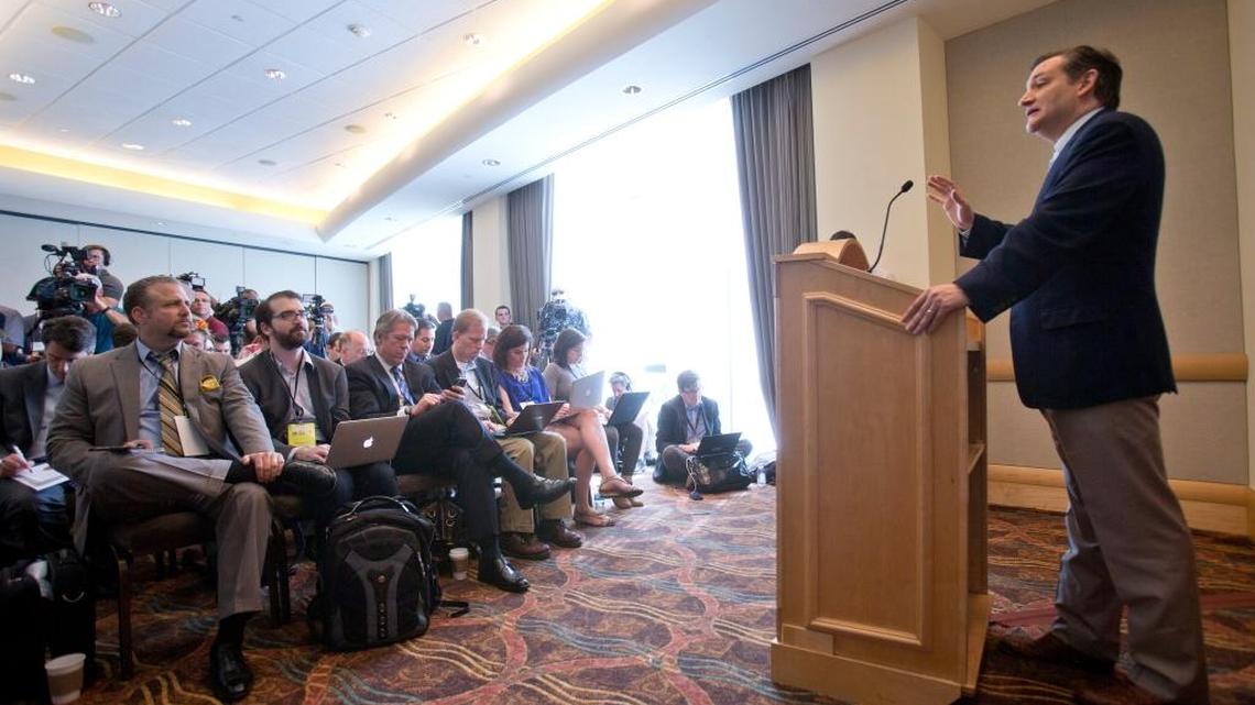 Republican presidential candidate Sen. Ted Cruz, R-Texas, gestures as he speaks during a news conference Wednesday at the Republican National Committee Spring Meeting in Hollywood, Fla.